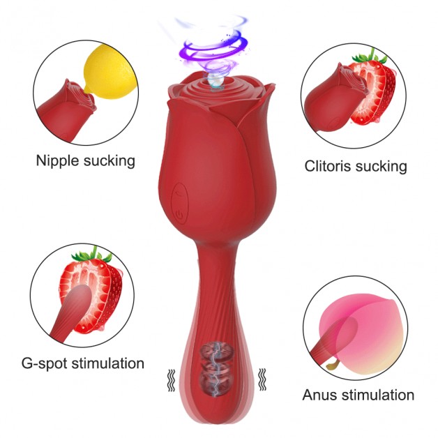 Hava Basınçlı Klitoris Darbe Uyarıcı Çift Taraflı Kırmızı Gül Vibratör