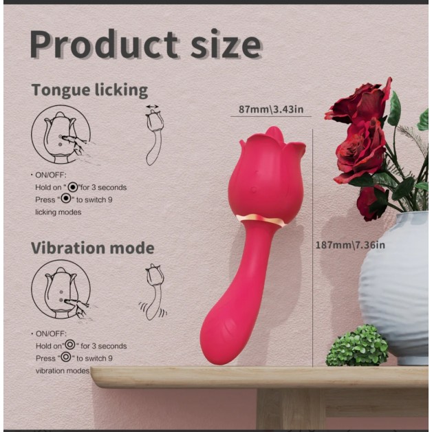 Dil Yalama Klitoris Uyarıcı Çift Taraflı Kırmızı Gül Vibratör